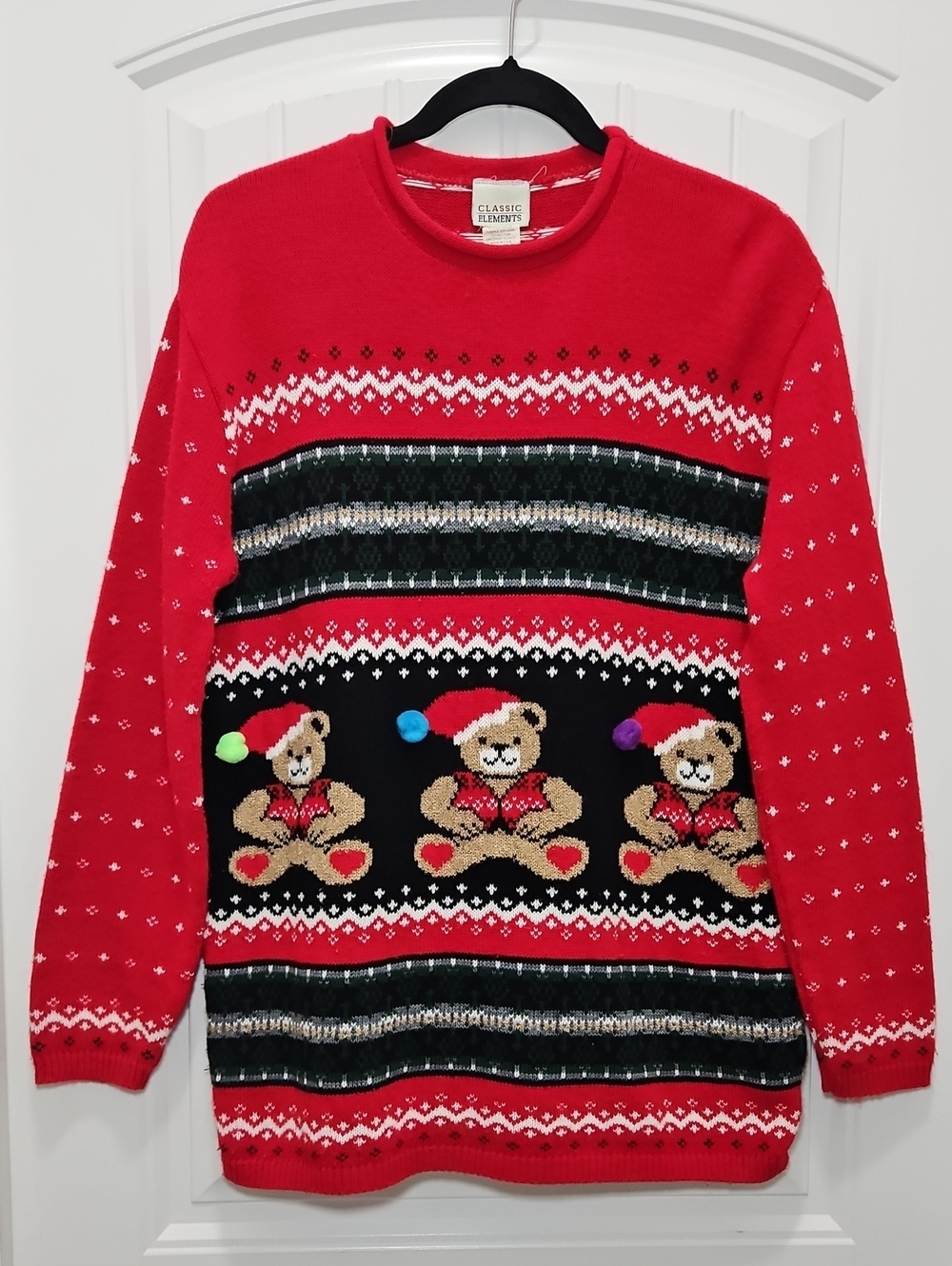 Vintage Holiday Ugly Christmas Sweater Teddy Bear Pom Pom Medium Women's Festive